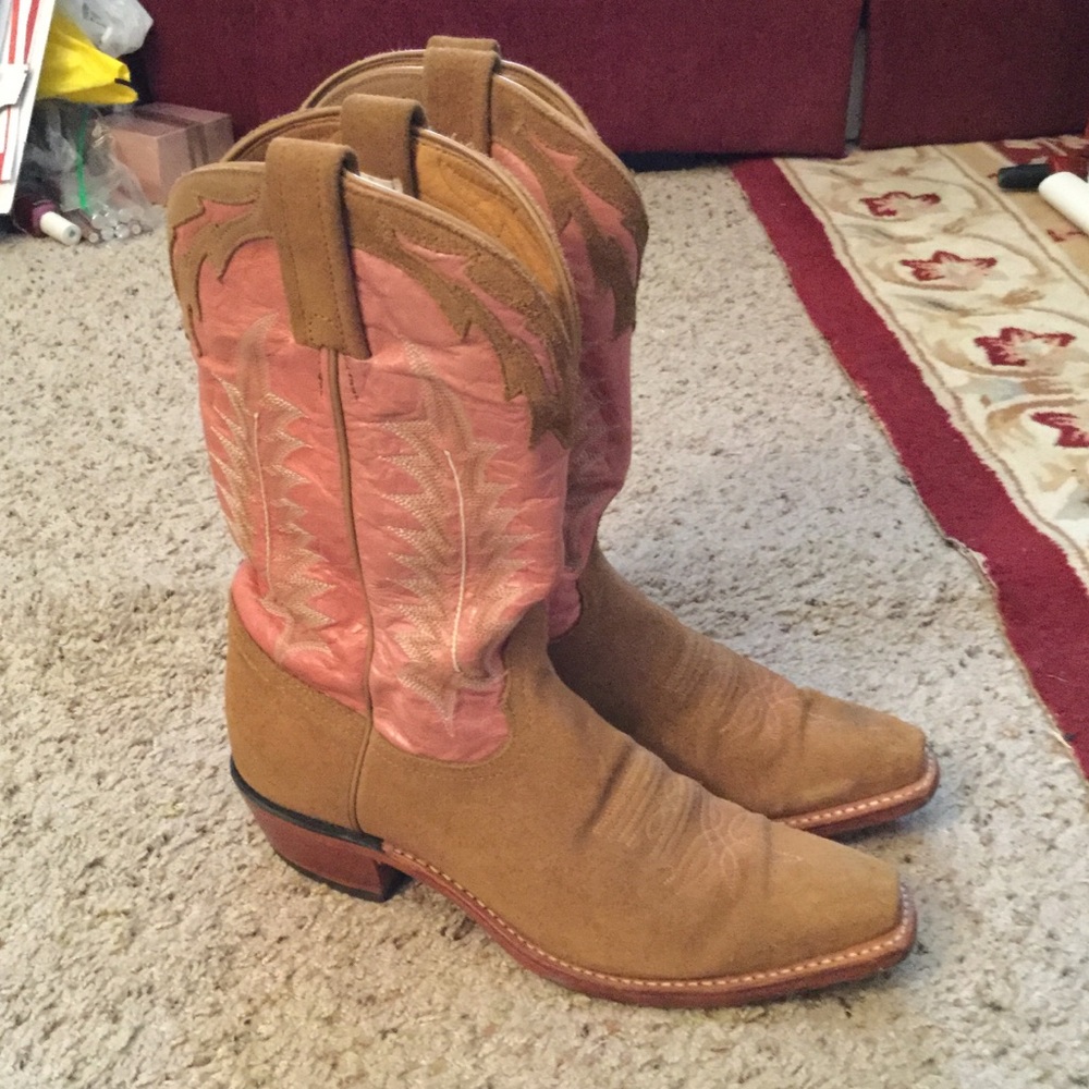 TONY LAMA PINK TAN SUEDE COWBOY WESTERN BOOTS, 8.5